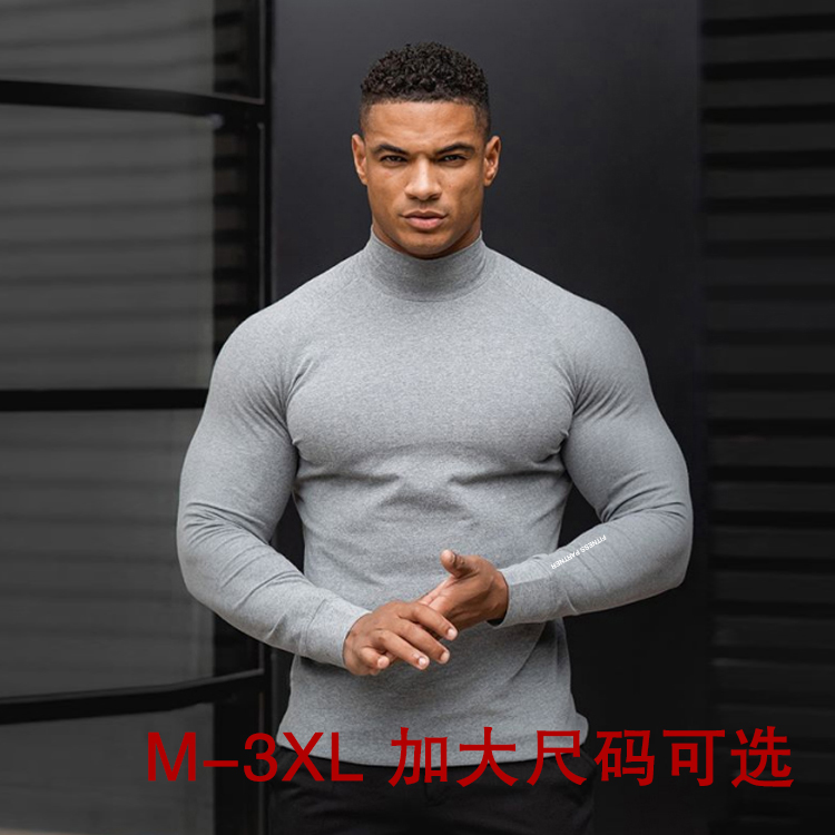 Muscle European and American Brothers Fitness Training Tight Clothing Men's Long Sleeves High Collar Sports Jersey Men's Roll Iron Speed Dry Clothes