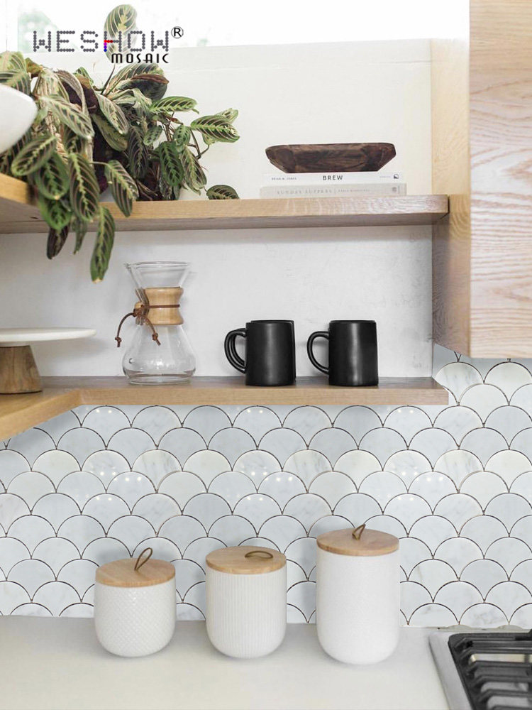Natural marble powder room fan-shaped fish scale mosaic white stone background wall Kitchen bar dragon scale tile