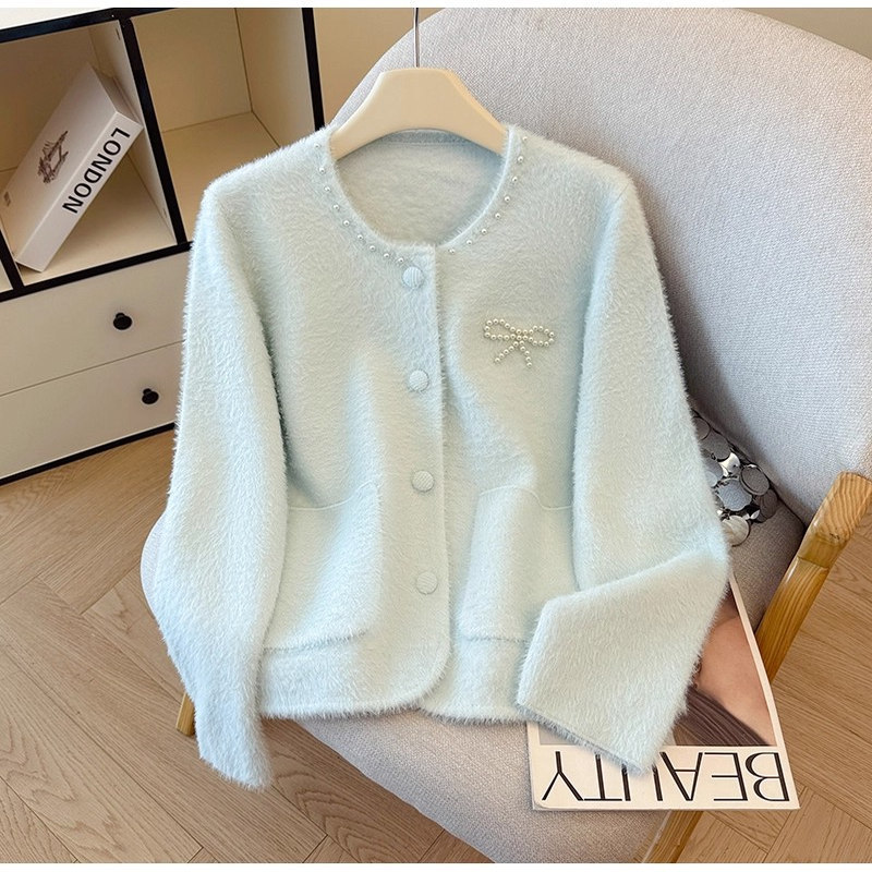 Heavy Beaded Bow Tie Cardigan for Women, New Autumn and Winter Style, Faux Mink Velvet, Chanel-Style Loose Knit Cardigan Top, Trendy Heavy Beaded Bow Tie Cardigan for Women, New Autumn and Winter Style, Faux Mink Velvet, Chanel-Style Loose Knit Cardigan Top, Trendy