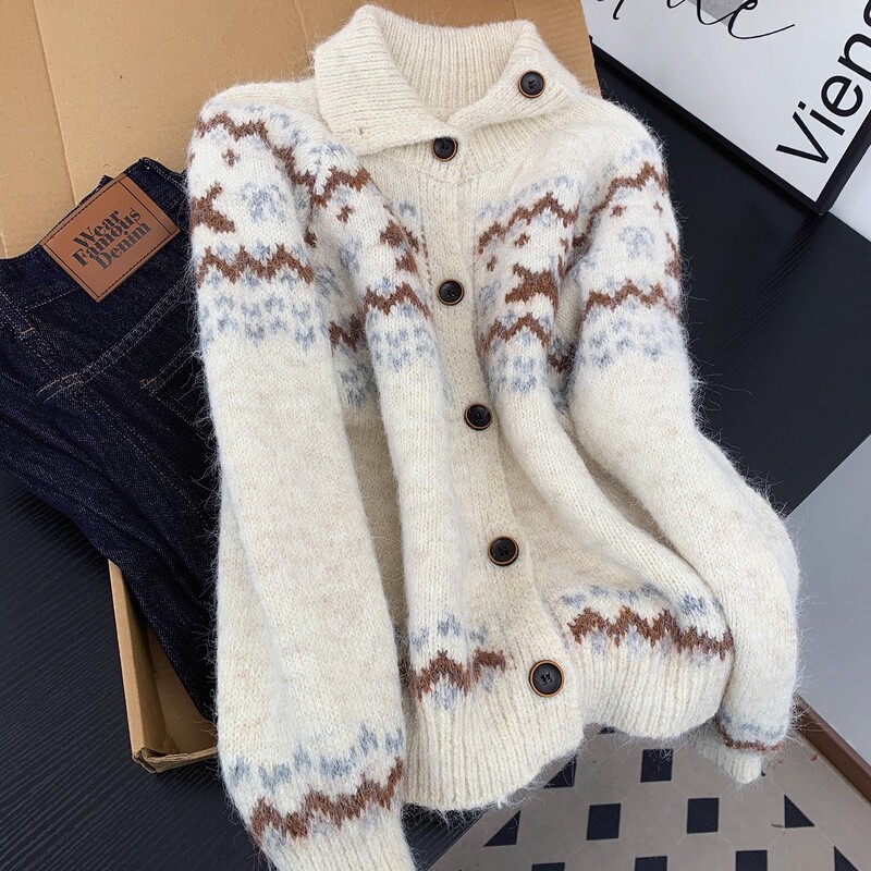 Fair Isle Jacquard Turtleneck Sweater Cardigan for Women, New Autumn and Winter Style, Loose, Soft, Versatile, Gentle Knitwear Jacket, Thick