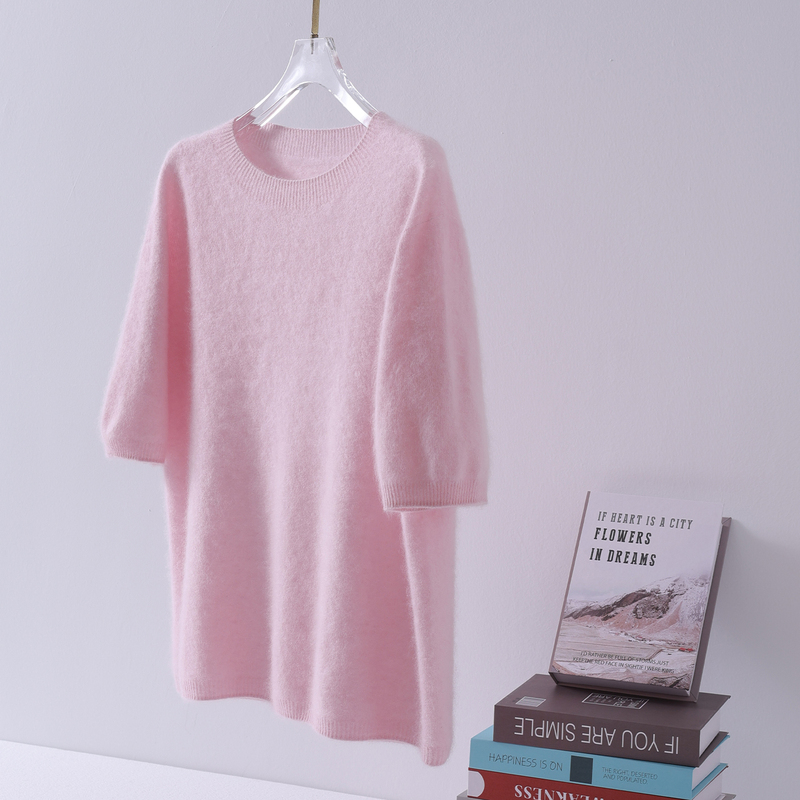 Soft and Skin-Friendly Brushed Cashmere Wool Sweater, Pink Short-Sleeved Women's Round Neck Seamless One-Piece Spring and Autumn Half-Sleeve Knitted Sweater