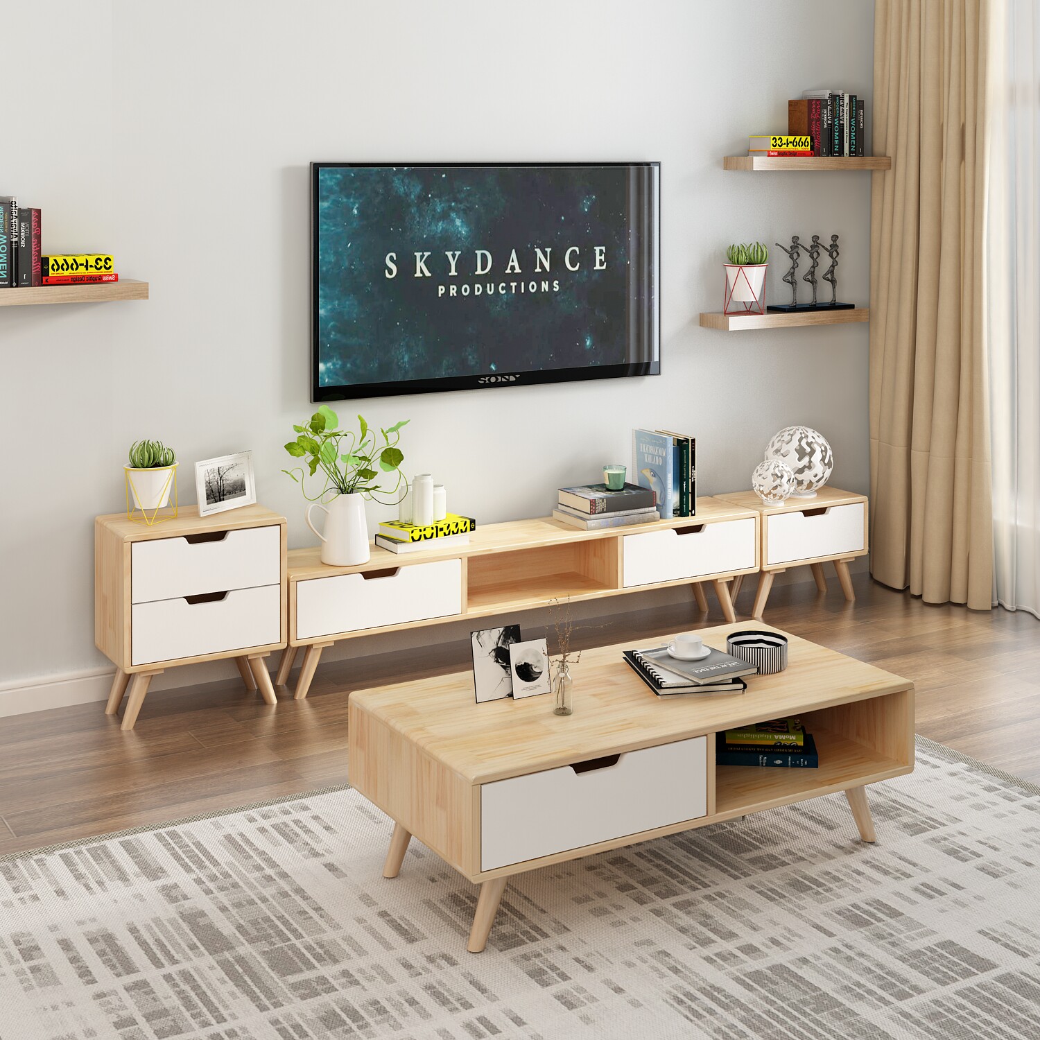 Multifunctional Nordic solid wood TV cabinet tea table combination suit modern minimalist living-room small family lockers ground cabinet-Taobao