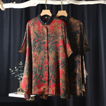 Mom summer dress plus large size silk satin half-sleeve printed shirt middle-aged women loose fashion foreign style long shirt