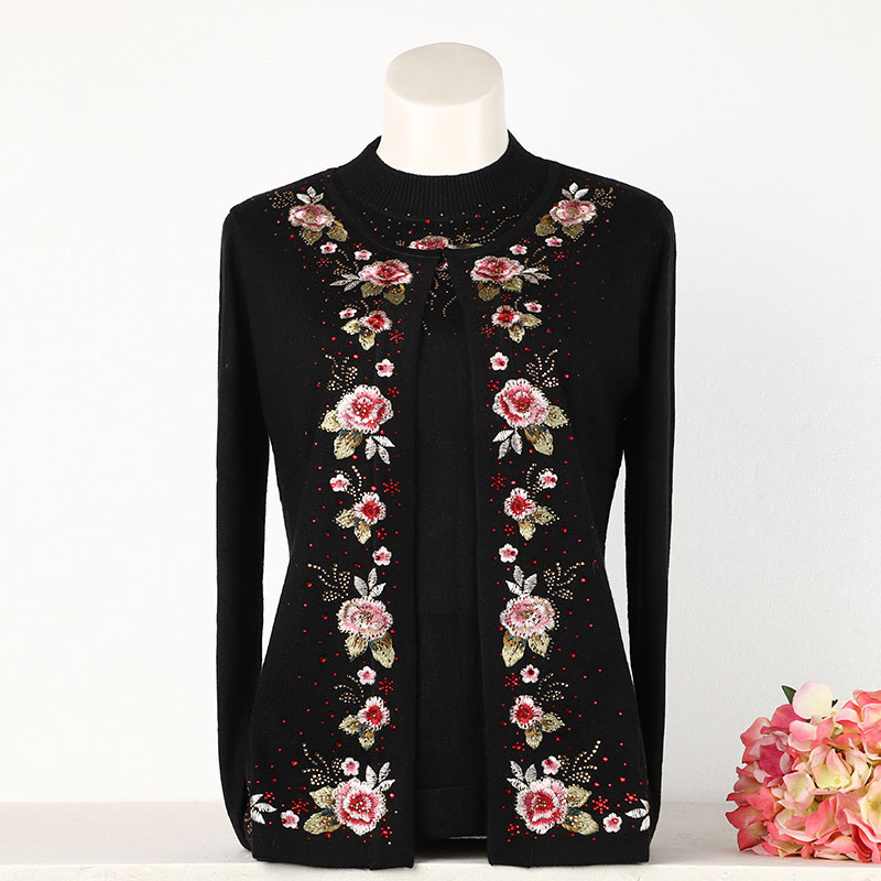 Mother Autumn Winter Dress Foreign Pie Embroidered Sweater In the Old Age Women's Festive Wedding Banquet Dress Fake two Festive Mother-in-law Blouses