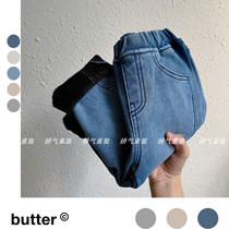 Chen Ma childrens jeans 2020 early winter New products male and female children plus velvet solid color baby stitching base trousers thick