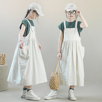 Girls Dress Summer Long Skirt 2024 New Girls Casual Suspender Skirt Childrens Fashionable Suspender Skirt