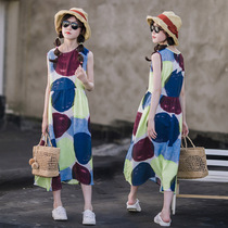 Girls dress for dress Summer new Grand Tong pure cotton printed vest Long dress for foreign air children Holiday beach dress