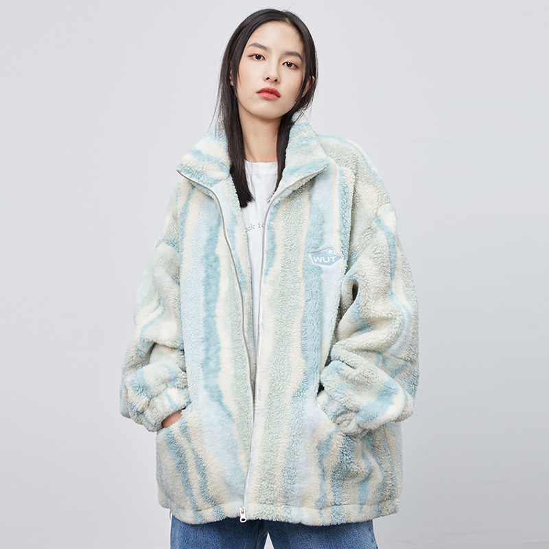 (WUT no sugar brand) Original plush spliced lamb suede Two fabrics Wave Thread Striped Autumn Winter Jacket