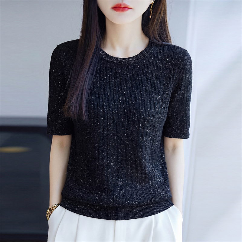 Light Luxury Style Black Short-Sleeved Knitted T-Shirt for Women, Summer Thin Round-Neck Loose Sequin Top with a High-End Feel, Slimming Base Layer Light Luxury Style Black Short-Sleeved Knitted T-Shirt for Women, Summer Thin Round-Neck Loose Sequin Top with a High-End Feel, Slimming Base Layer