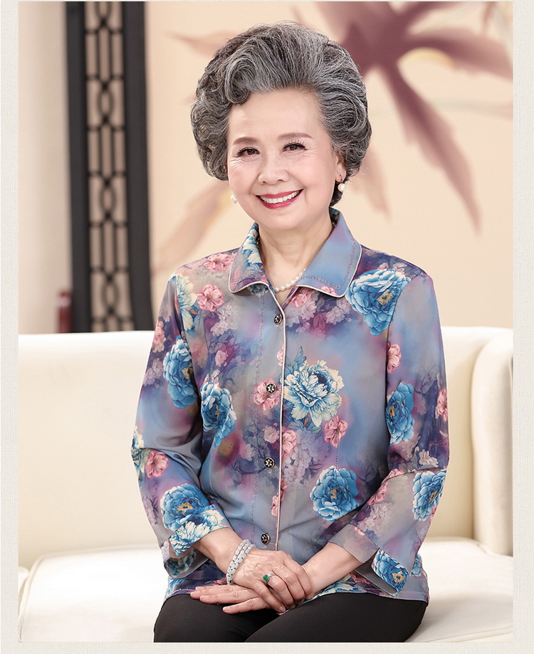 Quần áo phụ nữ trung niên và người già, bà, áo sơ mi, quần áo cũ, quần áo mùa hè, trang phục thường xuân và mùa thu, phần mỏng của vợ mẫu áo trung niên