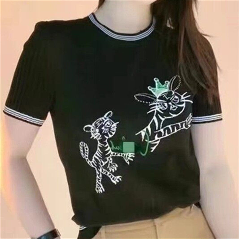 Áo thun ngắn tay nữ dệt kim lụa băng mỏng thêu kim cương họa tiết hổ — Đen (một con hổ) chi tiết 5