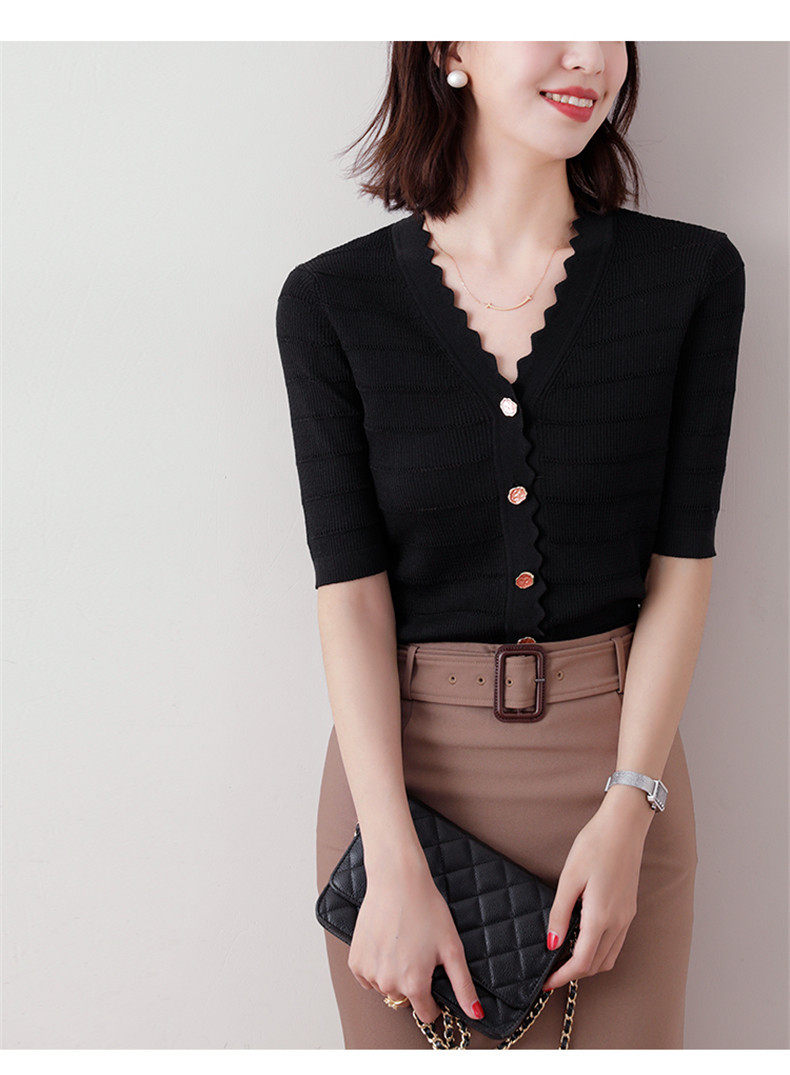 Áo cardigan dệt kim tay ngắn cổ V viền sóng chất liệu lụa đá mát mẻ — Màu đen chi tiết 12