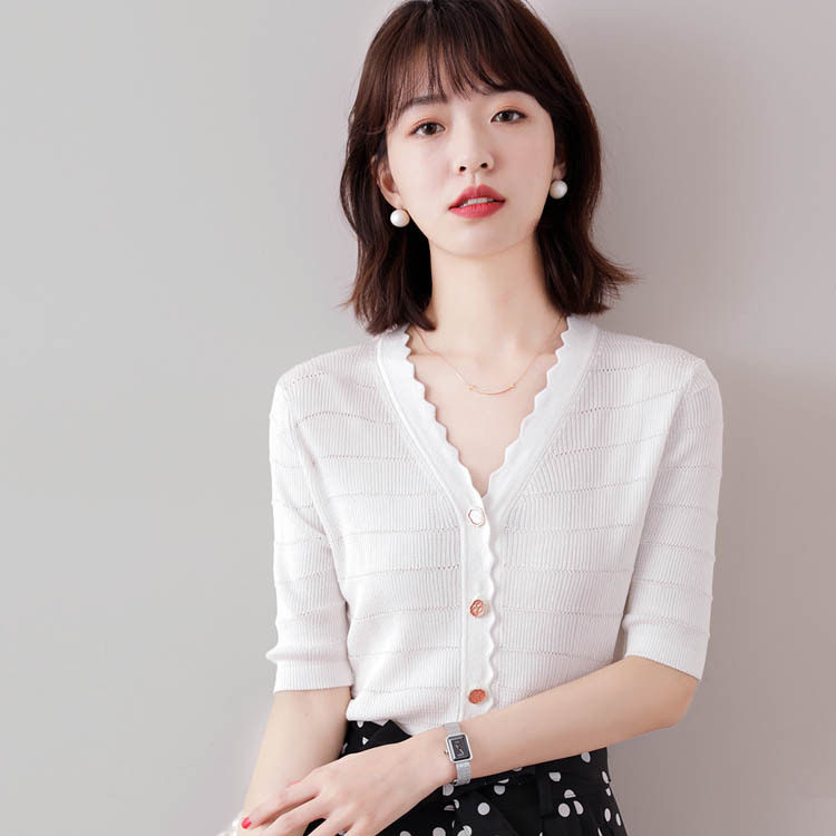 Áo cardigan dệt kim tay ngắn cổ V viền sóng chất liệu lụa đá mát mẻ — Màu đen chi tiết 3