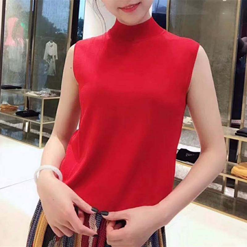 Áo thun nữ cổ trụ nửa cao không tay chất liệu lụa đá dệt kim mặc trong — Xanh bơ chi tiết 14