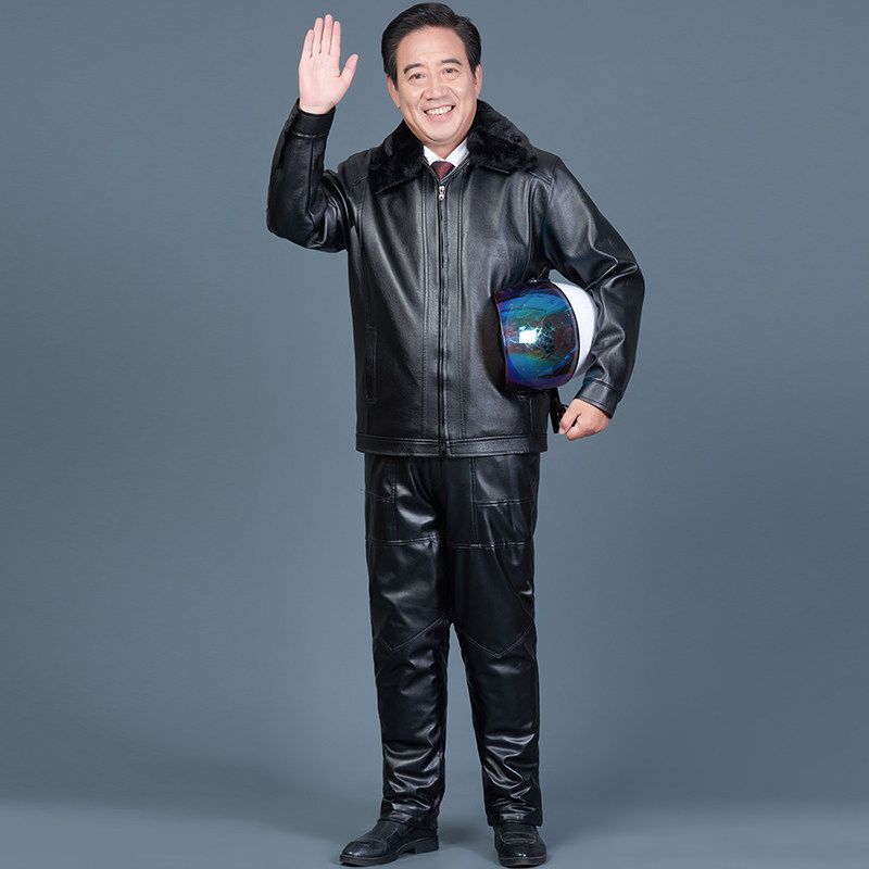 Middle aged men's leather clothes daddy winter clothing leather pants two style suit plus suede thickened waterproof warm leather jacket clothes