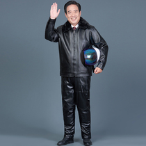 Middle-aged and elderly mens leather clothes Father Winter leather pants two-piece suit plus velvet thickened waterproof and warm leather jacket clothes