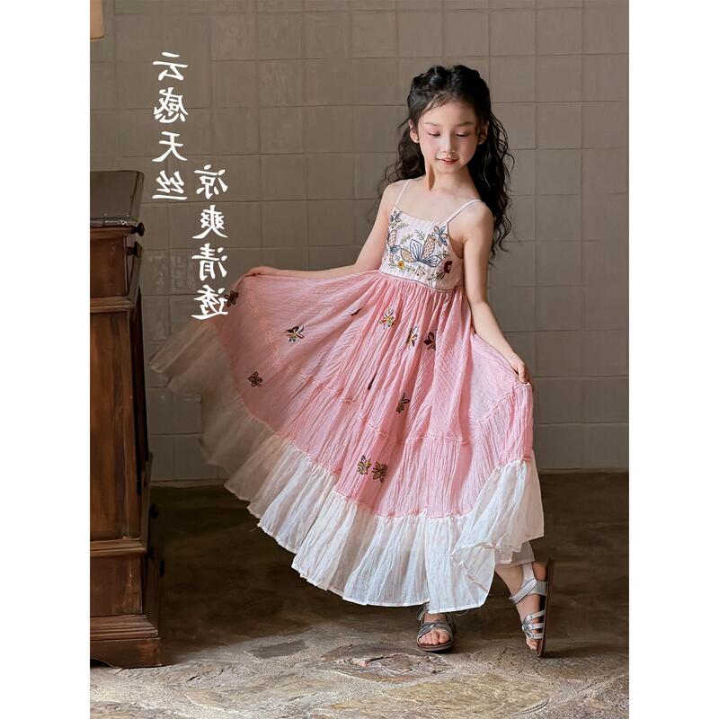 High-End Girls' Summer Princess Dress, Pink Strapless Embroidered Dress, Birthday Photo Shoot Dress, Large Skirt, Holiday Style Dress