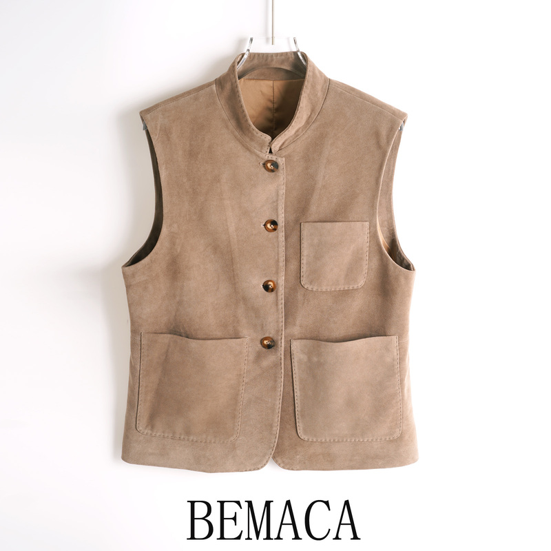 Bemaca Old Money Vintage Imported Sheepskin Suede Vest for Women, Stand Collar, Loose Fit, Sleeveless, Genuine Leather Vest Bemaca Old Money Vintage Imported Sheepskin Suede Vest for Women, Stand Collar, Loose Fit, Sleeveless, Genuine Leather Vest