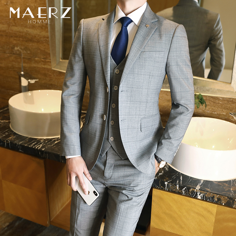 Summer thin suit men's three-piece Korean version slim gray plaid professional formal dress groom married