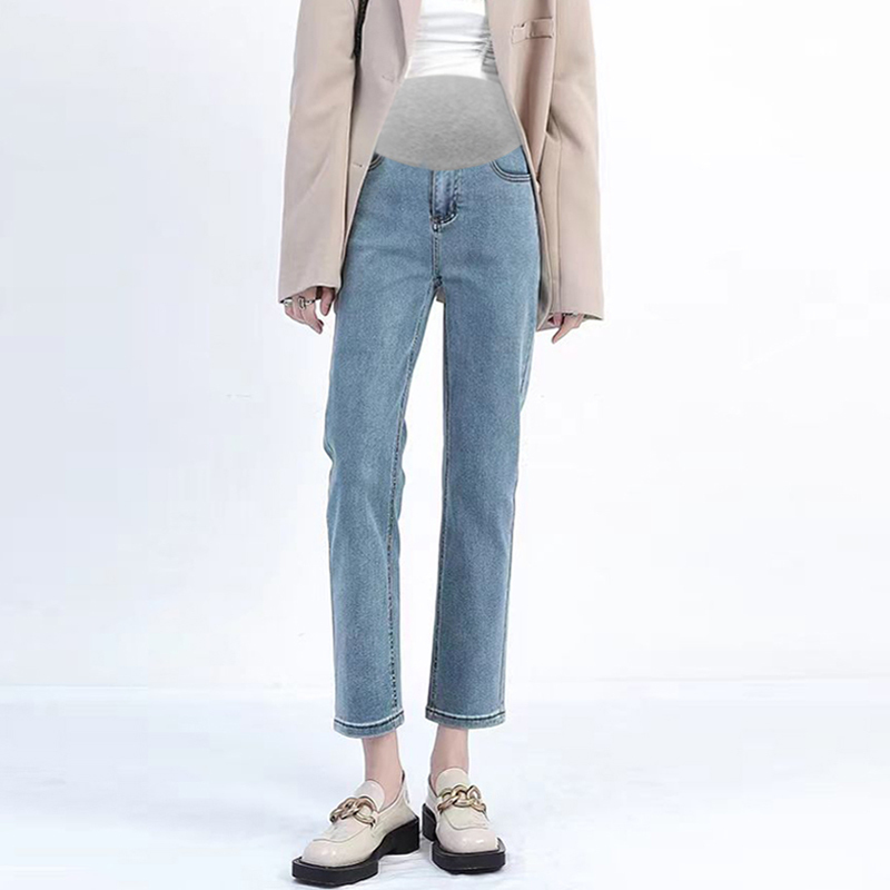 Maternity Straight-Leg Jeans for Spring and Autumn, Petite Cropped Pants, Light Blue Cropped Cigarette Pants for Spring and Summer