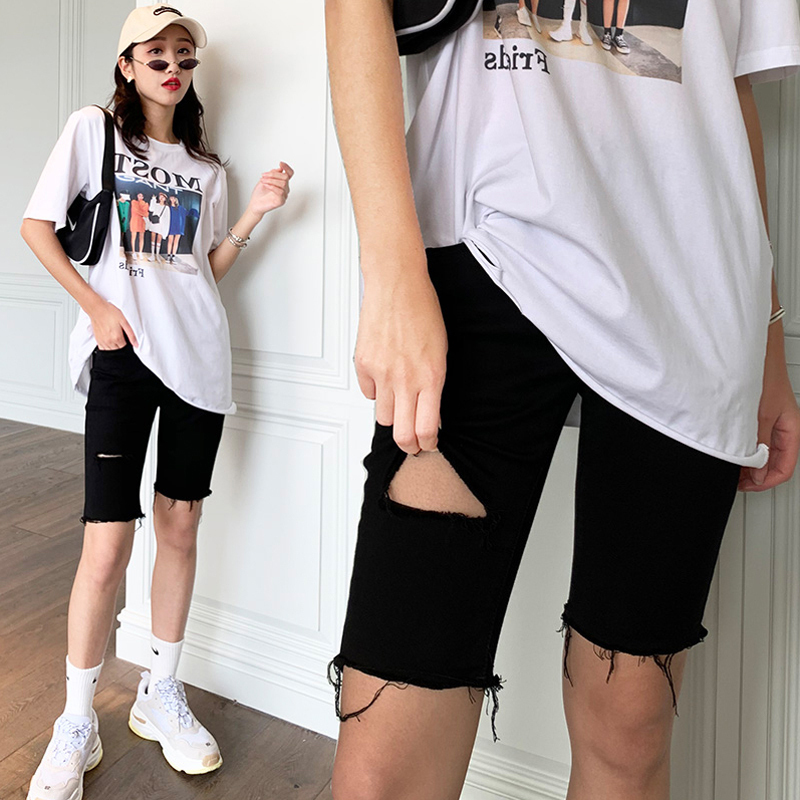 Maternity Denim Shorts, Summer Thin Style, Fashionable Black Cycling Shorts, Pregnancy Ripped Belly Support Pants