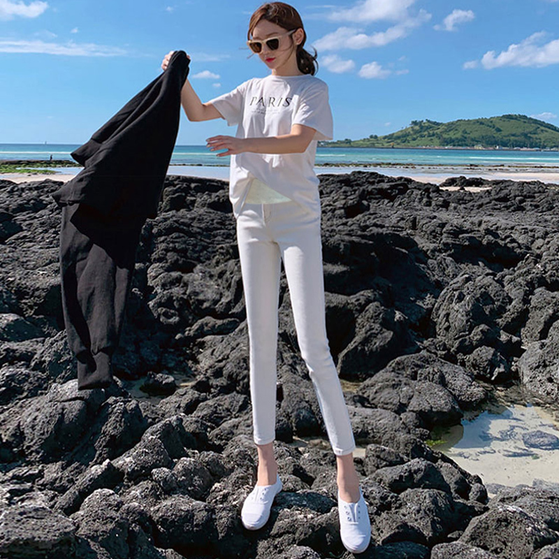 White Maternity Jeans for Spring and Autumn, Light-Colored Cropped Pants for Petite Women, Thin Summer Cropped Belly-Supporting Pants