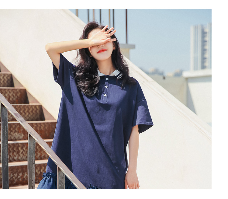 VK旗艦店 韓系時尚百搭網紗下擺拼接顯瘦長版短袖洋裝