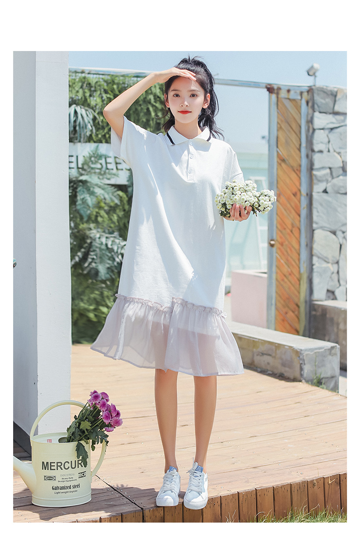 VK旗艦店 韓系時尚百搭網紗下擺拼接顯瘦長版短袖洋裝