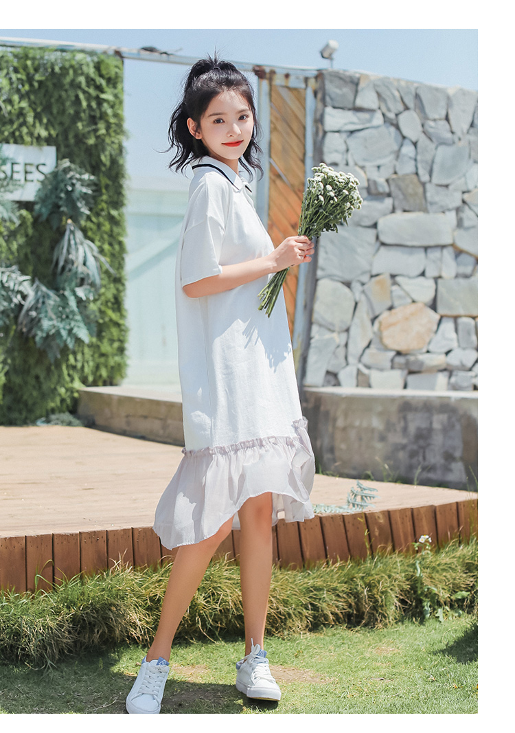 VK旗艦店 韓系時尚百搭網紗下擺拼接顯瘦長版短袖洋裝