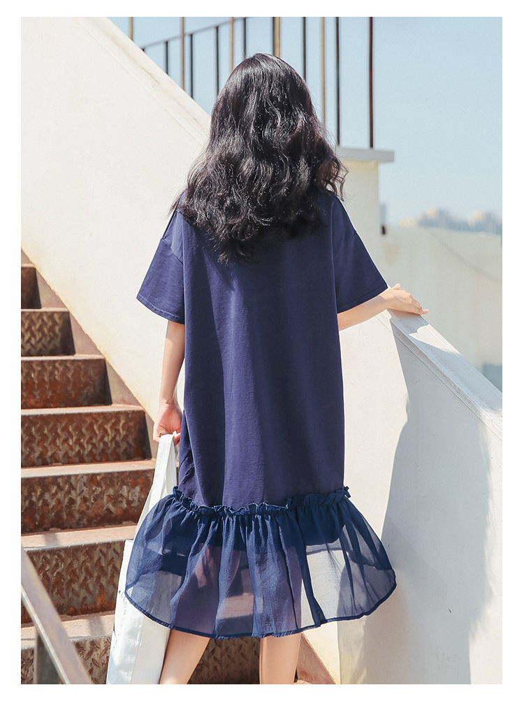 VK旗艦店 韓系時尚百搭網紗下擺拼接顯瘦長版短袖洋裝