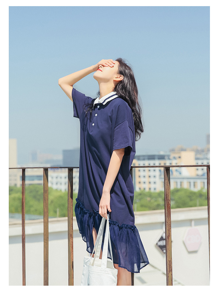 VK旗艦店 韓系時尚百搭網紗下擺拼接顯瘦長版短袖洋裝