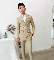 hộp đêm Hàn Quốc Slim Đàn ông Anh đôi ngực phù hợp sọc hai mảnh phù hợp với thủy triều nam quần áo Đêm áo dạ nam