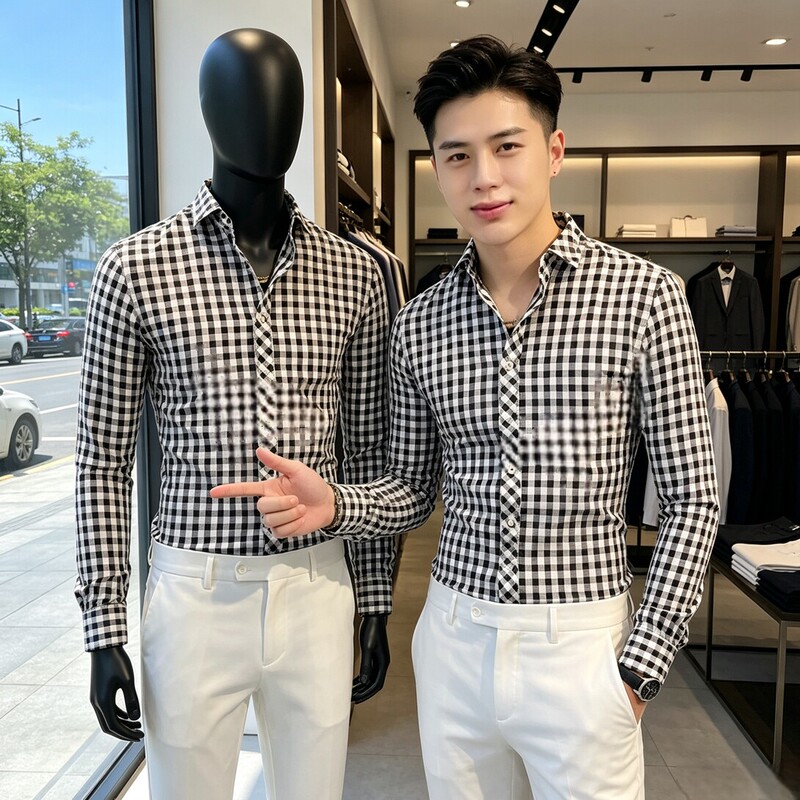 Autumn Men's Plaid Shirt for Small Stature, Slim Fit, Stylish and Versatile Long-Sleeve Shirt, European Trendy Brand Casual Top