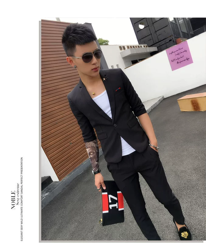 Mùa hè của Nam Giới Cắt Tay Áo Giản Dị Phù Hợp Với Nhỏ Hai mảnh England Slim Night Dòng Tóc Stylist Sleeve Suit Set vest nam cá tính