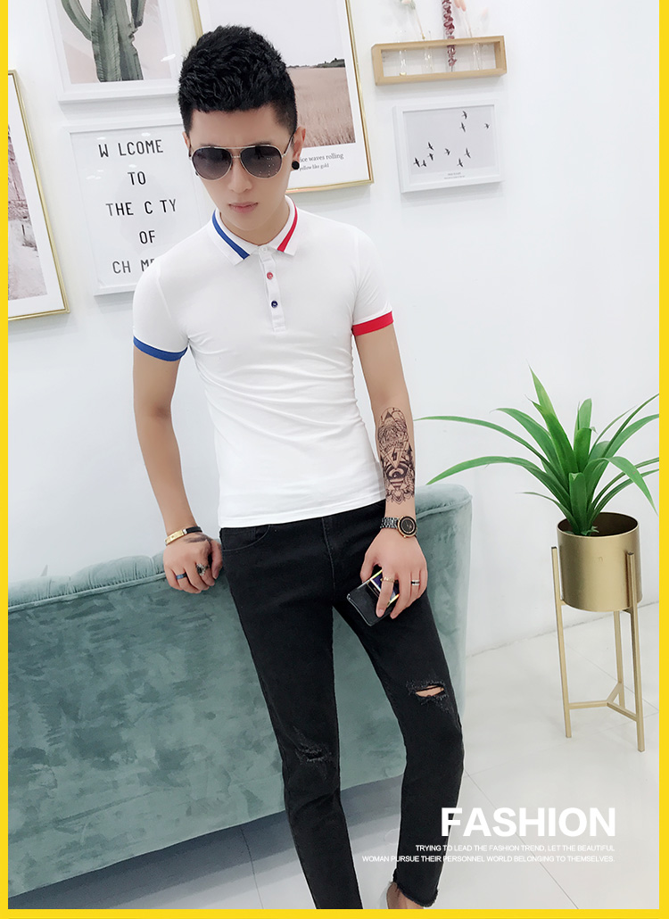 Áo thun nam tay ngắn mùa hè 2018 ve áo mới phiên bản Hàn Quốc tự phối màu xu hướng áo polo nam giản dị áo polo trắng