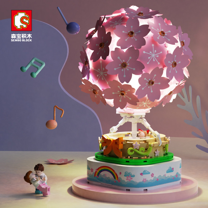 Senbao rotating light music box cherry blossom hot air balloon puzzle assembled building blocks three-dimensional model children's toy gift - Taobao