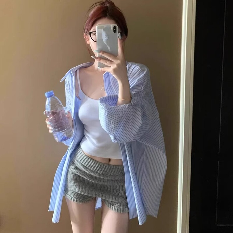 Blue Striped Casual Long-Sleeved Shirt for Women, Spring and Summer Lazy Style, Korean Style Loose Layered Top, Sun Protection Shirt Jacket