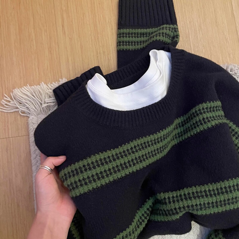 Korean-Style Striped Color-Block Sweater for Women, New Autumn and Winter Collection, High-End, Loose, Lazy Style, Soft and Cozy Knit Top