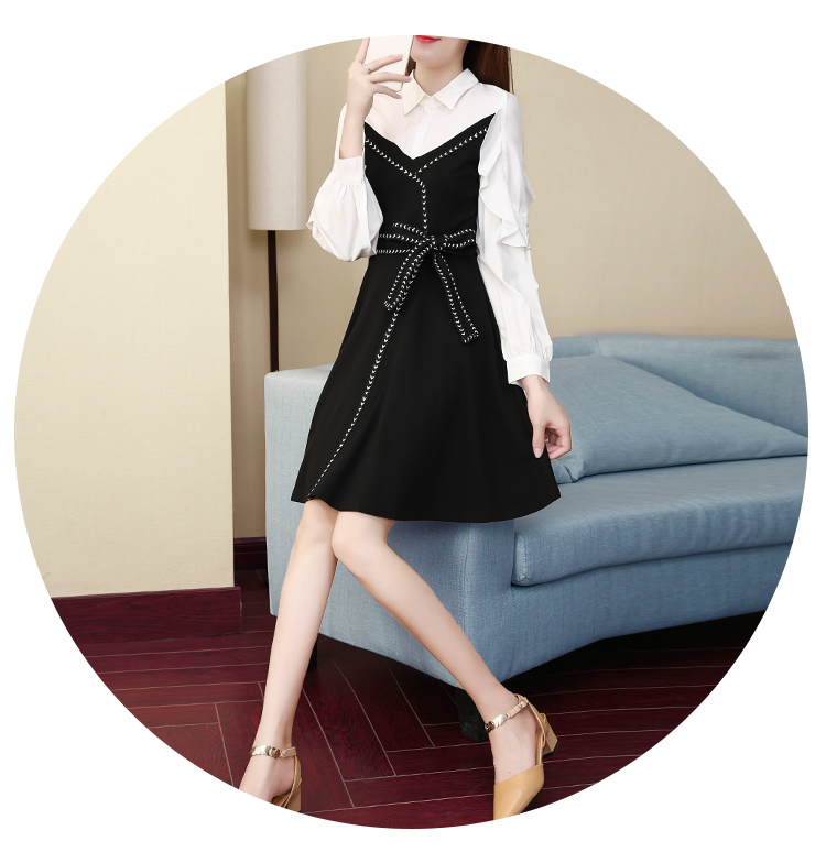 2018 mùa thu mới của phụ nữ Hàn Quốc phiên bản của slim slimming dress dài tay khí ve áo đáy eo Một từ váy váy đầm xòe