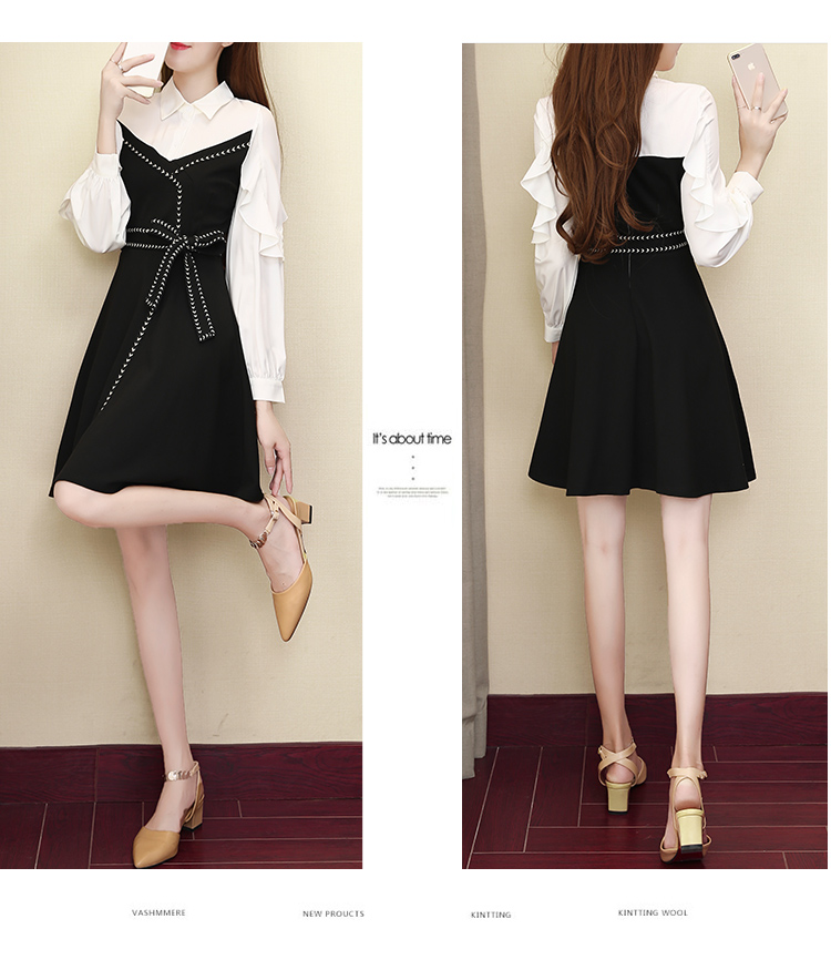 2018 mùa thu mới của phụ nữ Hàn Quốc phiên bản của slim slimming dress dài tay khí ve áo đáy eo Một từ váy váy đầm xòe