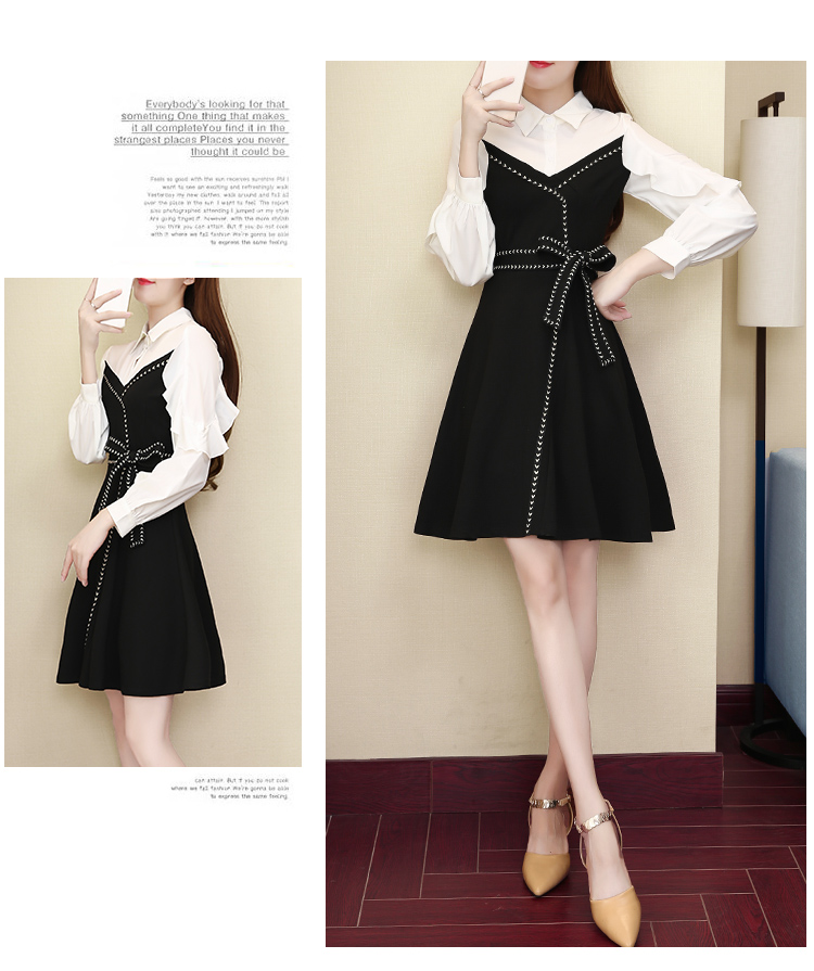 2018 mùa thu mới của phụ nữ Hàn Quốc phiên bản của slim slimming dress dài tay khí ve áo đáy eo Một từ váy váy đầm xòe