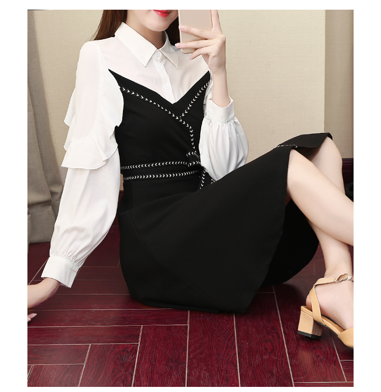 2018 mùa thu mới của phụ nữ Hàn Quốc phiên bản của slim slimming dress dài tay khí ve áo đáy eo Một từ váy váy đầm xòe