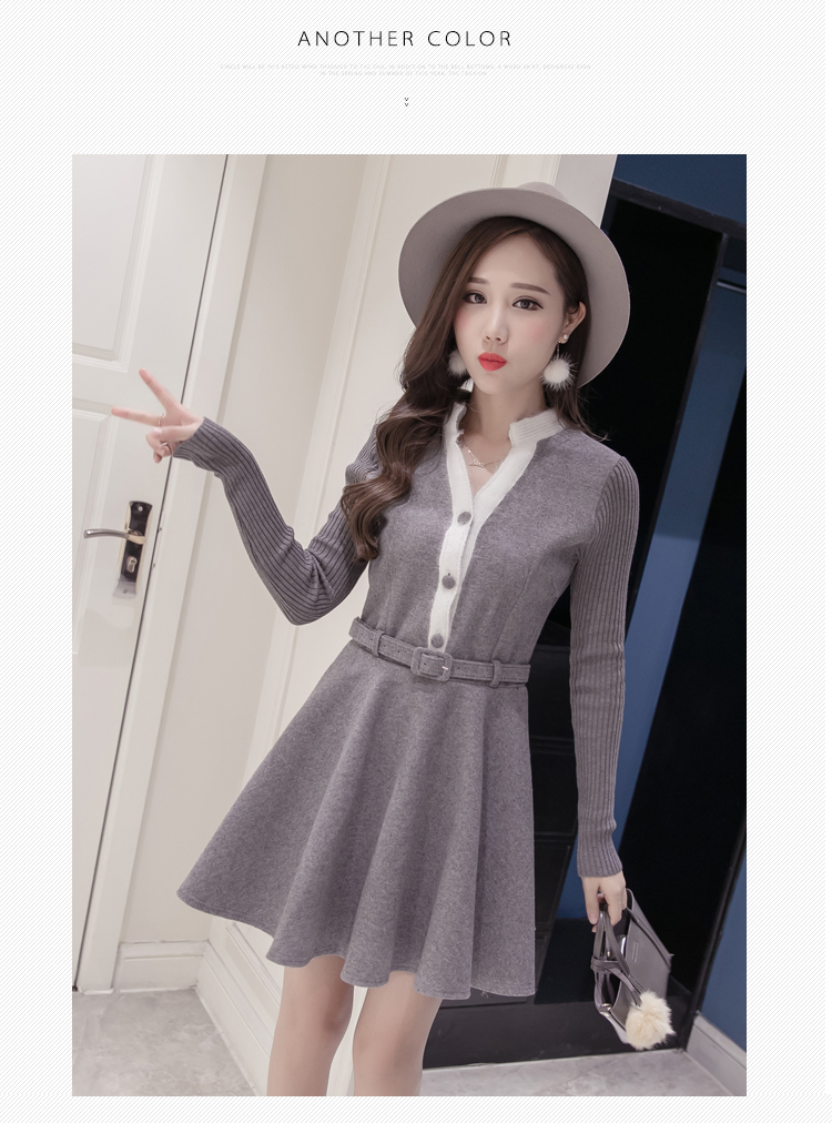 Mùa thu đông 2018 mới của phụ nữ phiên bản Hàn Quốc của chiếc váy len tự trồng dài tay dày thắt lưng eo Một chiếc váy chữ váy xòe hoa nhí