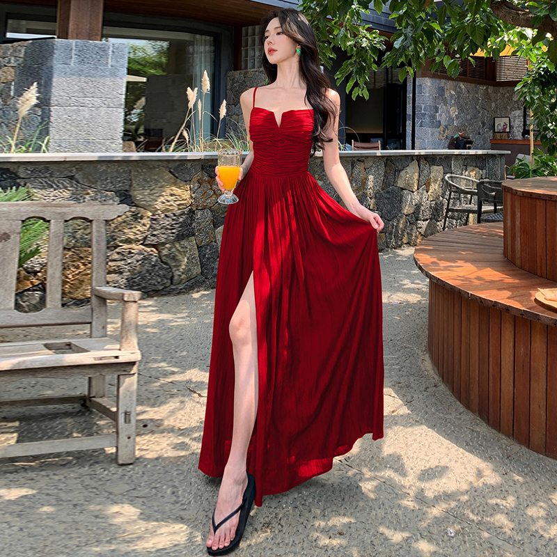 Beautiful Summer Strappy Backless Dress with Red V-Neck, Waist-Cinching, Hollow-Out Design, Slit Long Dress for Seaside Vacation