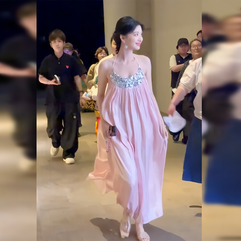 Beautiful Pink Sequined Halter Neck Dress for Women, Summer Seaside Resort Style Backless Satin Long Dress Beach Dress
