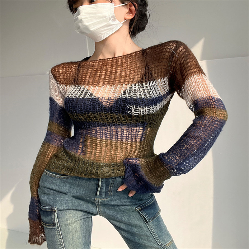 Jazz Street Dance Cover-Up Top, Same Style as Han Suhye, Color-Blocked Striped Sexy See-Through Short Sweater Knit Top