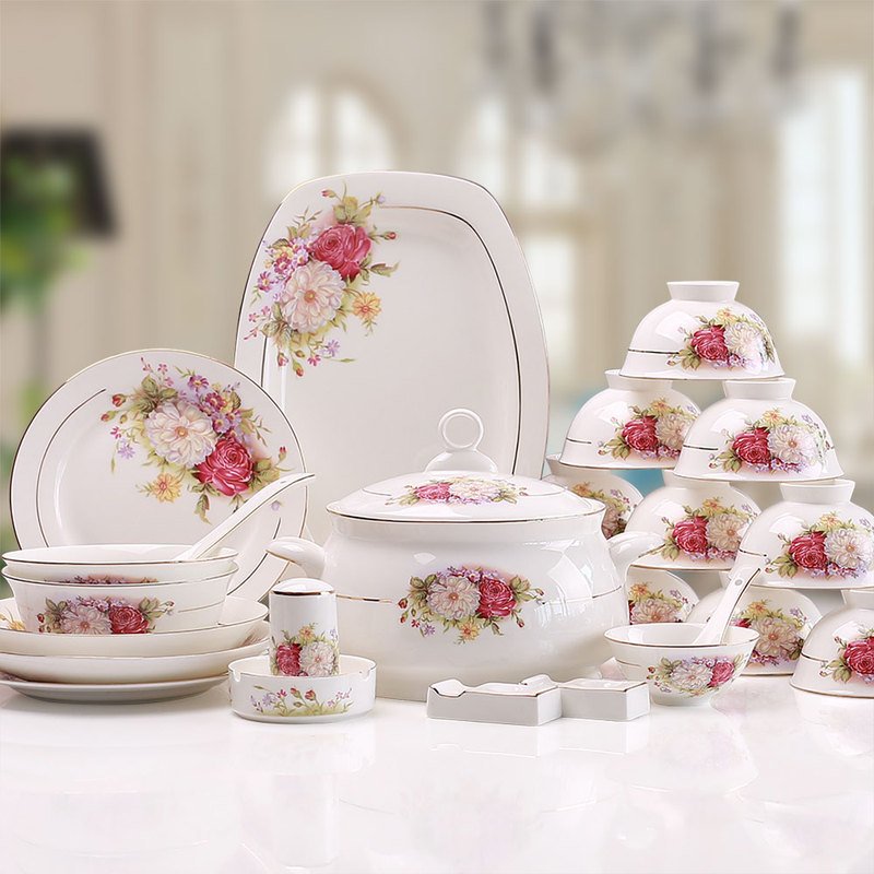 High-End Tangshan Bone China Tableware Set, Household Combination Ceramic European-Style Rice Bowls and Plates, Chinese-Style Light Luxury Housewarming Gift High-End Tangshan Bone China Tableware Set, Household Combination Ceramic European-Style Rice Bowls and Plates, Chinese-Style Light Luxury Housewarming Gift