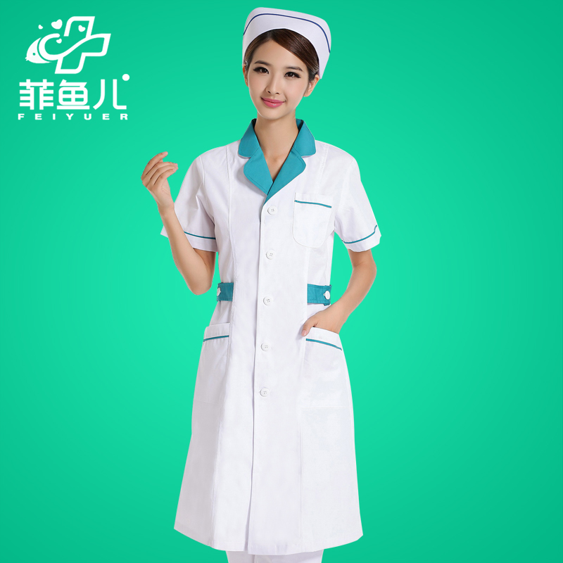 Philippine fish nurse clothes summer short-sleeved women's thin blue-edged white lab coat suit double-collar pink pharmacy overalls