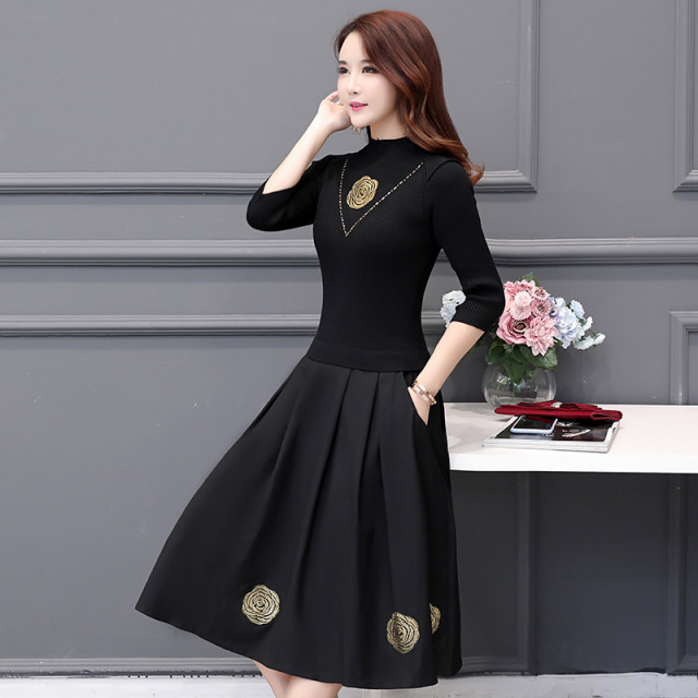 Large size 30-40-50-year-old autumn and winter clothing middle-aged female mother slimming bottoming skirt knitted fake two-piece knee-length dress