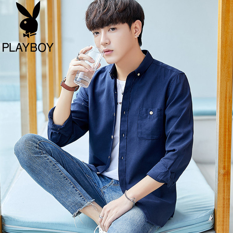 Playboy shirt men's long-sleeved Korean version men's inner inch shirt new spring trend student handsome shirt clothes